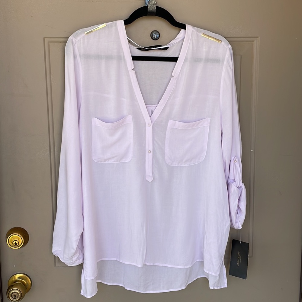 NWT Zara Basic Collection Roll Tab Sleeve Lilac Featherweight Blouse - size XL